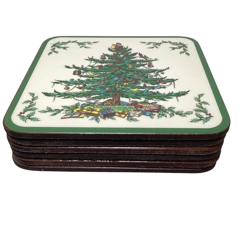 Pimpernel Spode Christmas Tree Coasters Set of 6 Cork Backed Made in England Box